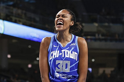 Jul 29, 2022; Chicago, Illinois, USA; Chicago Sky forward Azura Stevens (30) reacts after defensive play against the New York Liberty during the second half of the WNBA game at Wintrust Arena. Mandatory Credit: Kamil Krzaczynski-USA TODAY Sports