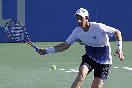 Aug 1, 2022; Washington, DC, USA; Andy Murray (GBR) hits a forehand against Mikael Ymer (SUI) (not pictured) on day one of the Citi Open at Rock Creek Park Tennis Center. Mandatory Credit: Geoff Burke-USA TODAY Sports