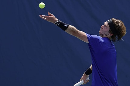 Aug 5, 2022; Washington, DC, USA; Andrey Rublev serves against Maxime Cressy (USA) (not pictured) on day five of the Citi Open at Rock Creek Park Tennis Center. Mandatory Credit: Geoff Burke-USA TODAY Sports