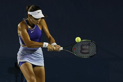 Aug 5, 2022; Washington, DC, USA; Emma Raducanu (GBR) hits a backhand against Liudmila Samsonova (not pictured) on day five of the Citi Open at Rock Creek Park Tennis Center. Mandatory Credit: Geoff Burke-USA TODAY Sports