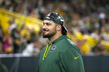 Aug 5, 2022; Green Bay, WI, USA; Green Bay Packers tackle David Bakhtiari (69) smiles at Lambeau Field. Mandatory Credit: Samantha Madar/Green Bay Press Gazette -USA TODAY NETWORK