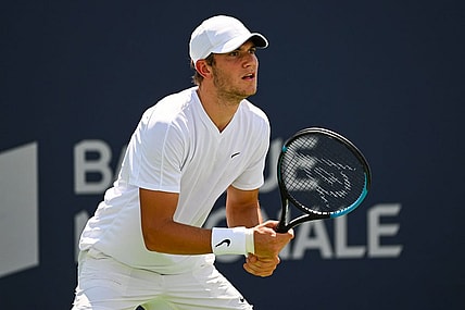 Aug 7, 2022; Montreal, Quebec, Canada; Jack Draper (GBR) waits for Quentin Halys (FRA) (not pictured) to serve the ball in second round qualifying play at IGA Stadium. Mandatory Credit: David Kirouac-USA TODAY Sports