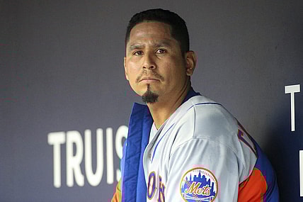 Aug 15, 2022; Atlanta, Georgia, USA; New York Mets starting pitcher Carlos Carrasco (59) in the dugout against the Atlanta Braves in the first inning at Truist Park. Mandatory Credit: Brett Davis-USA TODAY Sports