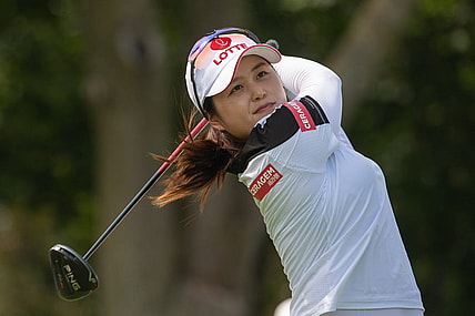 Aug 25, 2022; Ottawa, Ontario, CAN; Hye-Jin Choi of Korea tees off during the first round of the CP Women's Open golf tournament. Mandatory Credit: Marc DesRosiers-USA TODAY Sports