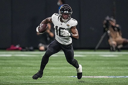 Aug 27, 2022; Atlanta, Georgia, USA; Jacksonville Jaguars wide receiver Laviska Shenault Jr. (10) runs after a catch against the Atlanta Falcons during the first half at Mercedes-Benz Stadium. Mandatory Credit: Dale Zanine-USA TODAY Sports