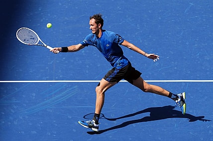 Aug 29, 2022; Flushing, NY, USA; Daniil Medvedev hits to Stefan Kozlov of the United States on day one of the 2022 U.S. Open tennis tournament at USTA Billie Jean King National Tennis Center. Mandatory Credit: Danielle Parhizkaran-USA TODAY Sports
