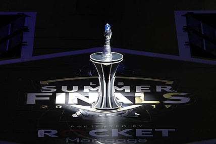 Aug 25, 2019; Detroit, MI, USA; The LCS trophy awaits the winner during the LCS Summer Finals event between Team Liquid and Cloud9 at Little Caesars Arena. Mandatory Credit: Raj Mehta-USA TODAY Sports