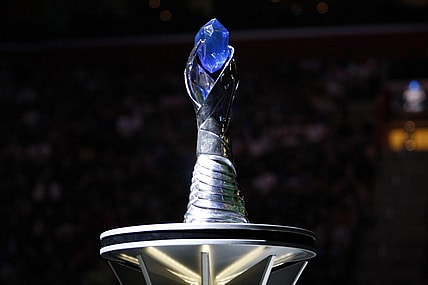 Aug 25, 2019; Detroit, MI, USA; The LCS trophy awaits the winner during the LCS Summer Finals event between Team Liquid and Cloud9 at Little Caesars Arena. Mandatory Credit: Raj Mehta-USA TODAY Sports
