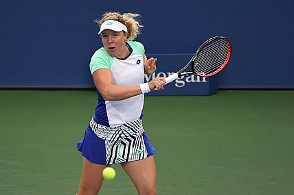 Sep 2, 2020; Flushing Meadows, New York, USA; Anna-Lena Friedsam of Germany hits a forehand against Angelique Kerber of Germany (not pictured) on day three of the 2020 U.S. Open tennis tournament at USTA Billie Jean King National Tennis Center. Mandatory Credit: Danielle Parhizkaran-USA TODAY Sports