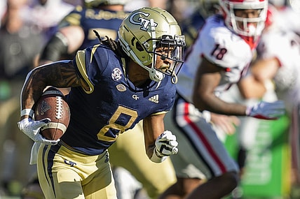 Nov 27, 2021; Atlanta, Georgia, USA; Georgia Tech Yellow Jackets wide receiver Nate McCollum (8) runs against the Georgia Bulldogs during the second half at Bobby Dodd Stadium. Mandatory Credit: Dale Zanine-USA TODAY Sports