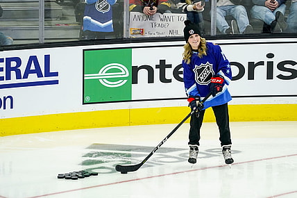 Feb 4, 2022; Las Vegas, Nevada, USA; Former American hockey player Jocelyne Lamoureux-Davidson is seen during the 2022 NHL All-Star Game Skills Competition at T-Mobile Arena. Mandatory Credit: Lucas Peltier-USA TODAY Sports