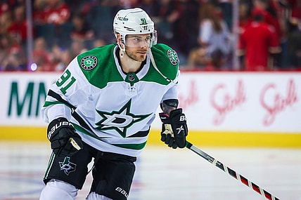 May 3, 2022; Calgary, Alberta, CAN; Dallas Stars center Tyler Seguin (91) skates during the third period against the Calgary Flames in game one of the first round of the 2022 Stanley Cup Playoffs at Scotiabank Saddledome. Mandatory Credit: Sergei Belski-USA TODAY Sports