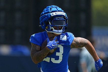 Jun 3, 2022; Thousand Oaks, CA, USA; Los Angeles Rams running back Kyren Williams (23) carries the ball during organized team activities at California Lutheran University. Mandatory Credit: Kirby Lee-USA TODAY Sports