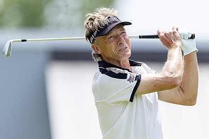 May 29, 2022; Benton Harbor, Michigan, USA; Bernhard Langer tees off on the second hole during the final round of the 2022 KitchenAid Senior PGA Championship at Harbor Shores. Mandatory Credit: Raj Mehta-USA TODAY Sports