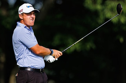 Jul 7, 2022; Nicholasville, Kentucky, USA; Justin Lower watches his shot from the third tee during the first round of the Barbasol Championship golf tournament. Mandatory Credit: Jordan Prather-USA TODAY Sports