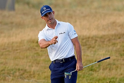 Jul 15, 2022; St. Andrews, SCT; Billy Horschel reacts after a shot on the 17th hole during the second round of the 150th Open Championship golf tournament at St. Andrews Old Course. Mandatory Credit: Michael Madrid-USA TODAY Sports