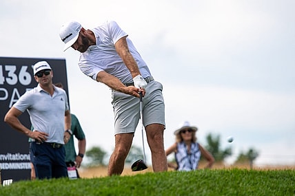 Jul 28, 2022; Bedminster, NJ, USA; Dustin Johnson (USA) hits a tee shot on hole 2 during the LIV Invitational Pro-Am at Trump National Golf Club Bedminster. Mandatory Credit: John Jones-USA TODAY Sports