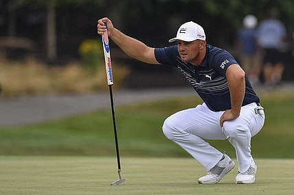 Jul 29, 2022; Bedminster, New Jersey, USA;  Bryson DeChambeau lines up a putt on the 9th green during the first round of a LIV Golf tournament at Trump National Golf Club Bedminster. Mandatory Credit: John Jones-USA TODAY Sports
