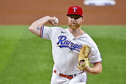 Aug 1, 2022; Arlington, Texas, USA; Texas Rangers starting pitcher Jon Gray (22) in action during the game between the Texas Rangers and the Baltimore Orioles at Globe Life Field. Mandatory Credit: Jerome Miron-USA TODAY Sports