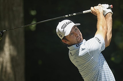 Aug 7, 2022; Greensboro, North Carolina, USA; Davis Riley tees off on the second tee during the final round of the Wyndham Championship golf tournament. Mandatory Credit: Nell Redmond-USA TODAY Sports