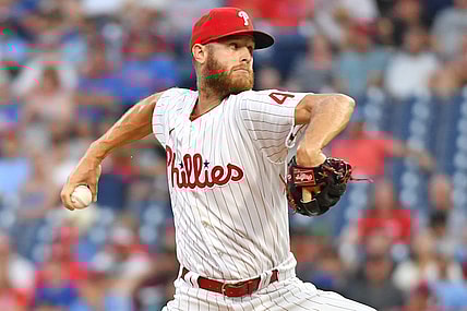 Aug 9, 2022; Philadelphia, Pennsylvania, USA; Philadelphia Phillies starting pitcher Zack Wheeler (45) throws a [itch against the Miami Marlins during the first inning at Citizens Bank Park. Mandatory Credit: Eric Hartline-USA TODAY Sports