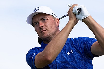 Aug 19, 2022; Wilmington, Delaware, USA; Jordan Spieth plays his shot from the ninth tee during the second round of the BMW Championship golf tournament. Mandatory Credit: Bill Streicher-USA TODAY Sports
