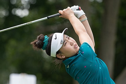 Aug 25, 2022; Ottawa, Ontario, CAN; Lucy Li of the United States tees off during the first round of the CP Women's Open golf tournament. Mandatory Credit: Marc DesRosiers-USA TODAY Sports
