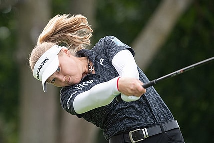 Aug 25, 2022; Ottawa, Ontario, CAN; Brooke Henderson of Canada tees off during the first round of the CP Women's Open golf tournament. Mandatory Credit: Marc DesRosiers-USA TODAY Sports