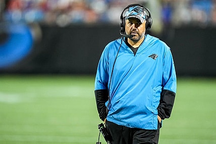 Aug 26, 2022; Charlotte, North Carolina, USA; Carolina Panthers head coach Matt Rhule looks on from the sideline during the second half against the Buffalo Bills at Bank of America Stadium. Mandatory Credit: Jim Dedmon-USA TODAY Sports