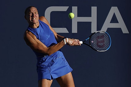 Sep 1, 2022; Flushing, NY, USA; Kaia Kanepi (EST) hits a backhand against Aryna Sabalenka (not pictured) on day four of the 2022 U.S. Open tennis tournament at USTA Billie Jean King Tennis Center. Mandatory Credit: Geoff Burke-USA TODAY Sports