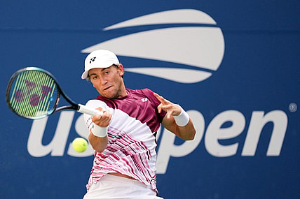 Sep 2, 2022; Flushing, NY, USA; Casper Ruud of Norway hits to Tommy Paul of the United States on day five of the 2022 U.S. Open tennis tournament at USTA Billie Jean King Tennis Center. Mandatory Credit: Danielle Parhizkaran-USA TODAY Sports