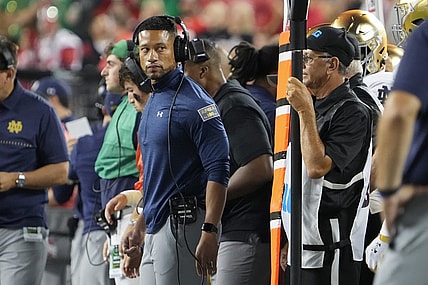 Sep 3, 2022; Columbus, Ohio, USA;  Notre Dame Fighting Irish head coach Marcus Freeman watches from the sideline during the NCAA football game against the Ohio State Buckeyes at Ohio Stadium. Mandatory Credit: Adam Cairns-USA TODAY Sports