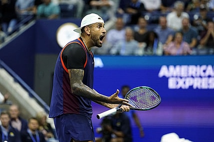 Sep 6, 2022; Flushing, NY, USA; Nick Kyrgios of Australia yells to his player's box after losing a game in the third set to Karen Khachanov (not pictured) on day nine of the 2022 U.S. Open tennis tournament at USTA Billie Jean King Tennis Center. Mandatory Credit: Danielle Parhizkaran-USA TODAY Sports