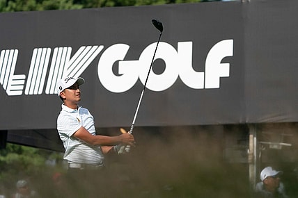 Sep 4, 2022; Boston, Massachusetts, USA; Sadom Kaewkanjana tees off on the 16th during the final round of the LIV Golf tournament at The International. Mandatory Credit: Richard Cashin-USA TODAY Sports