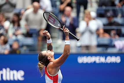Sep 7, 2022; Flushing, NY, USA; Aryna Sabalenka defeats Karolina Pliskova of the Czech Republic on day ten of the 2022 U.S. Open tennis tournament at USTA Billie Jean King Tennis Center. Mandatory Credit: Danielle Parhizkaran-USA TODAY Sports