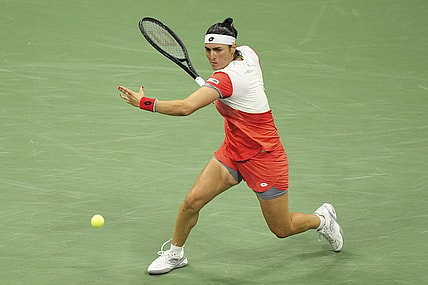 Sep 8, 2022; Flushing, NY, USA; Ons Jabeur (TUN) hits a forehand against Caroline Garcia (FRA) (not pictured) on day eleven of the 2022 U.S. Open tennis tournament at USTA Billie Jean King Tennis Center. Mandatory Credit: Danielle Parhizkaran-USA TODAY Sports