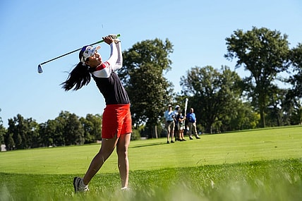 Atthaya Thitikul swings on hole No. 17 at the 2022 Kroger Queen City Championship golf tournament on Friday September 9, 2022 at the Kenwood Country Club in Madeira, Ohio.