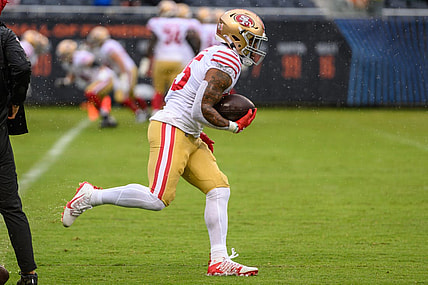 Sep 11, 2022; Chicago, Illinois, USA; San Francisco 49ers running back Elijah Mitchell (25) warms up before the game against the Chicago Bears at Soldier Field. Mandatory Credit: Daniel Bartel-USA TODAY Sports