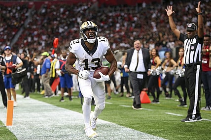 Sep 11, 2022; Atlanta, Georgia, USA; New Orleans Saints wide receiver Michael Thomas (13) celebrates after a touchdown against the Atlanta Falcons in the fourth quarter at Mercedes-Benz Stadium. Mandatory Credit: Brett Davis-USA TODAY Sports