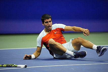 Sep 11, 2022; Flushing, NY, USA; Carlos Alcaraz (ESP) celebrates after match point against Casper Ruud (NOR) (not pictured) in the men's singles final on day fourteen of the 2022 U.S. Open tennis tournament at USTA Billie Jean King Tennis Center. Mandatory Credit: Robert Deutsch-USA TODAY Sports