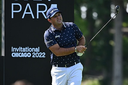 Sep 16, 2022; Chicago, Illinois, USA; Patrick Reed tees off from the 12th tee box during the first round of a LIV Golf tournament at Rich Harvest Farms. Mandatory Credit: Jamie Sabau-USA TODAY Sports
