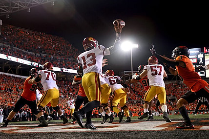 Sep 24, 2022; Corvallis, Oregon, USA;  USC Trojans quarterback Caleb Williams (13) throws from the end zone against the Oregon State Beavers in the second half at Reser Stadium. Mandatory Credit: Jaime Valdez-USA TODAY Sports