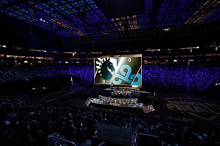 Aug 25, 2019; Detroit, MI, USA; The logos of both teams up on the screen just before the LCS Summer Finals event between Team Liquid and Team Cloud9 at Little Caesars Arena. Mandatory Credit: Raj Mehta-USA TODAY Sports