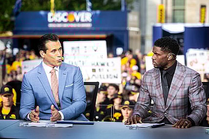 Brady Quinn, left, speaks as Reggie Bush looks on during the Fox Sports Big Noon Kickoff NCAA football pregame show, Saturday, Oct. 9, 2021, at the Pentacrest in Iowa City, Iowa.

211009 Big Noon 012 Jpg