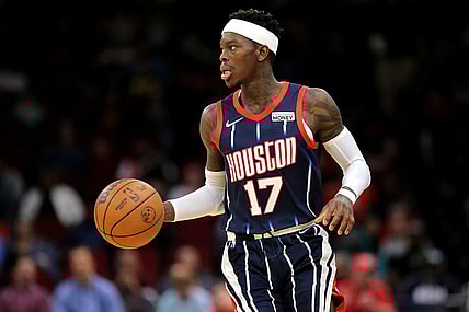 Mar 18, 2022; Houston, Texas, USA; Houston Rockets guard Dennis Schroder (17) handles the ball against the Indiana Pacers during the second quarter at Toyota Center. Mandatory Credit: Erik Williams-USA TODAY Sports