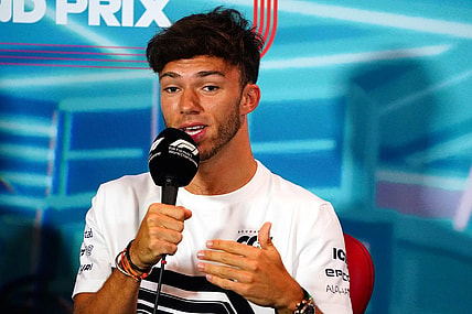 May 6, 2022; Miami Gardens, Florida, USA; AlphaTauri driver Pierre Gasly of France talks with the media during a press conference before their practice session for the Miami Grand Prix at Miami International Autodrome. Mandatory Credit: John David Mercer-USA TODAY Sports