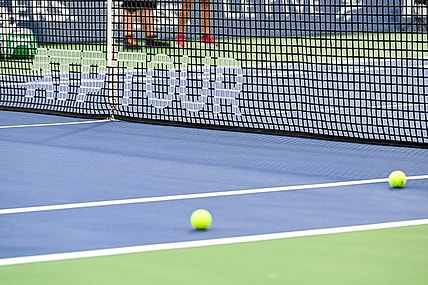 Aug 8, 2022; Montreal, Quebec, Canada; View of an ATP Tour logo on a net on central court before first round play at IGA Stadium. Mandatory Credit: David Kirouac-USA TODAY Sports