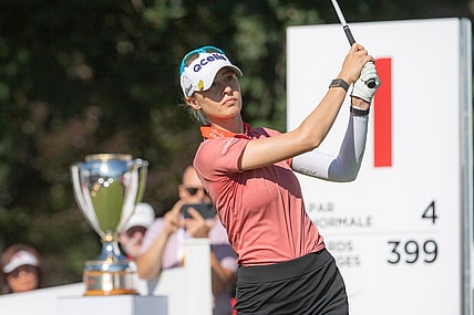 Nelly Korda from the United States tees off from the 1st hole during the final round of the CP Women's Open golf tournament.