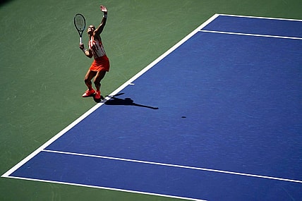 Aug 31, 2022; Flushing, NY, USA; Maria Sakkari of Greece serves to Xiyu Wang of China on day three of the 2022 U.S. Open tennis tournament at USTA Billie Jean King Tennis Center. Mandatory Credit: Danielle Parhizkaran-USA TODAY Sports