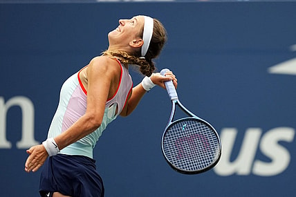 Sep 5, 2022; Flushing, NY, USA; Victoria Azarenka serves to Karolina Pliskova of Czech Republic on day eight of the 2022 U.S. Open tennis tournament at USTA Billie Jean King Tennis Center. Mandatory Credit: Danielle Parhizkaran-USA TODAY Sports